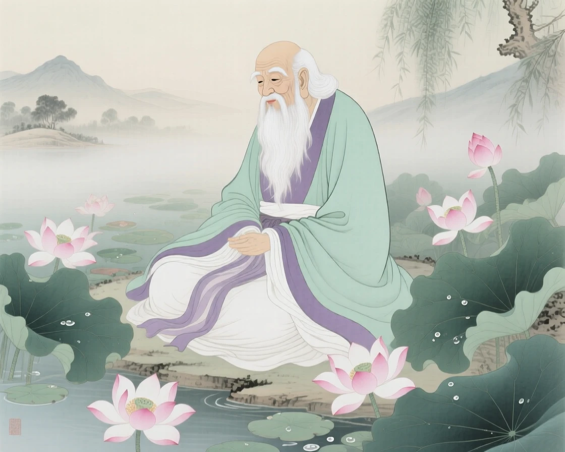 An immortal sage with a long white beard and flowing robes above blooming lotus flowers in an otherworldly garden