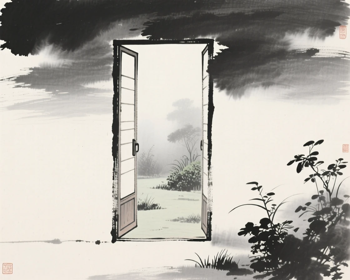 An open door revealing a misty garden beyond beneath a soft, overcast sky, framed with soft, diffused light throughout, capturing a fleeting, meditative moment of peace.
