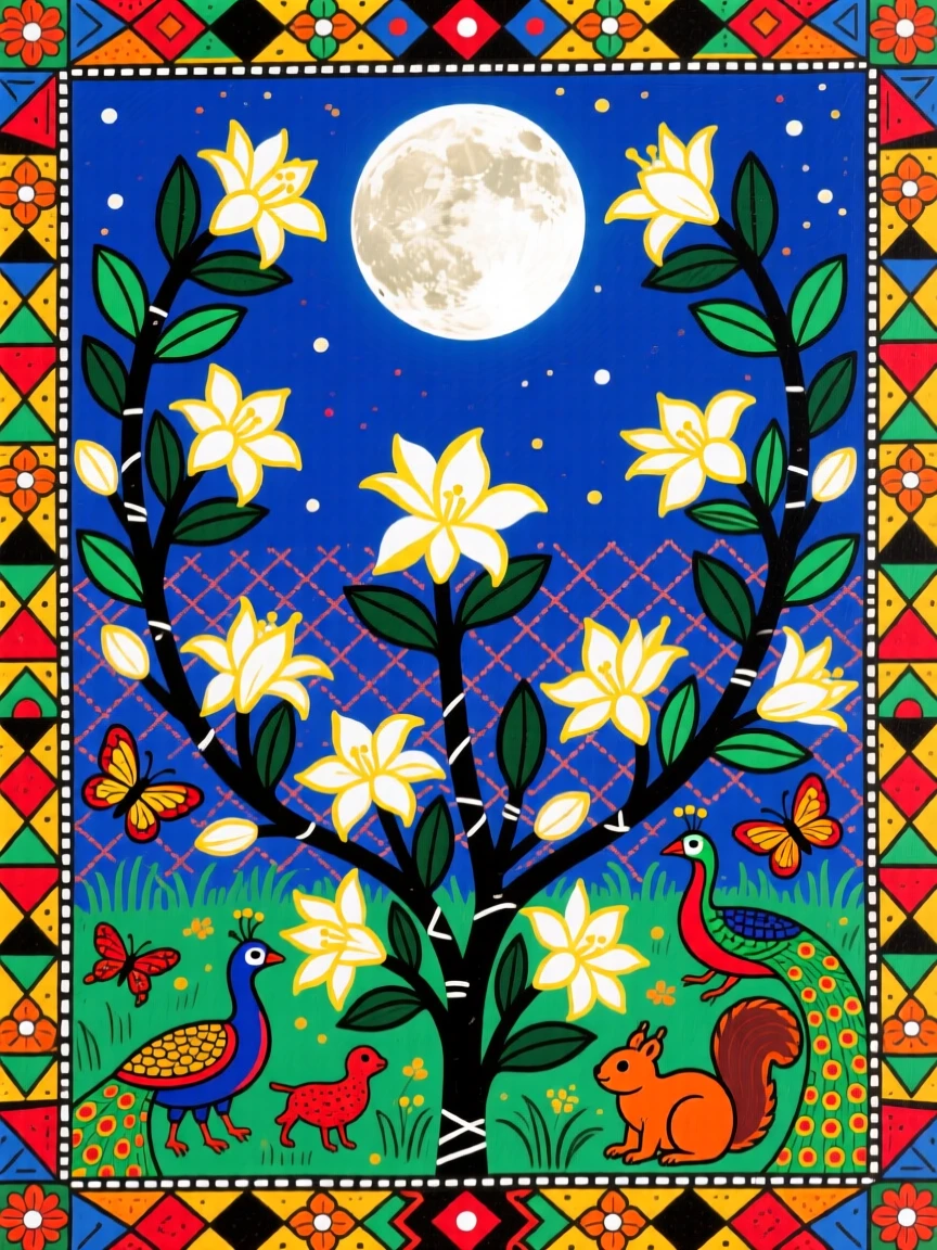 A garden of night-blooming jasmine glowing under a full moon.