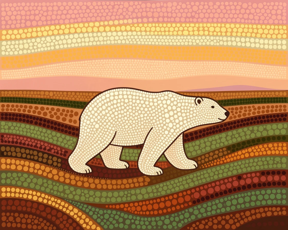 A polar bear crossing an open grassland at dawn