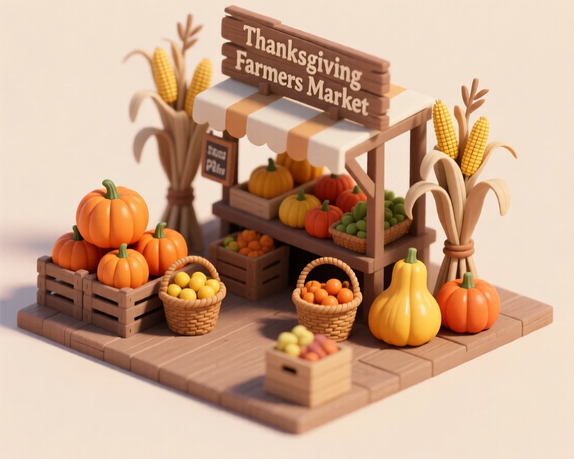 A Thanksgiving farmers market scene with pumpkins, squash, and cornstalks piled high for holiday centerpieces.