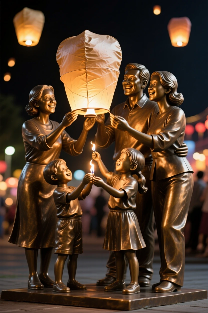 A family lighting sky lanterns together during a festival night, filled with warmth, color, and joy, celebrating shared human joy