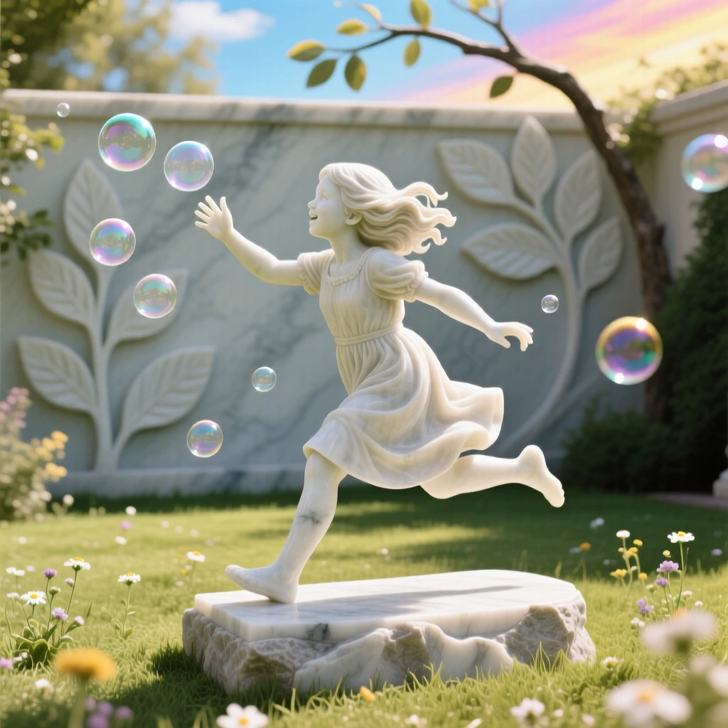 A beautifully composed image of a young girl chasing bubbles in a sunlit yard, under a brilliant, colorful sky, full of atmosphere and visual storytelling