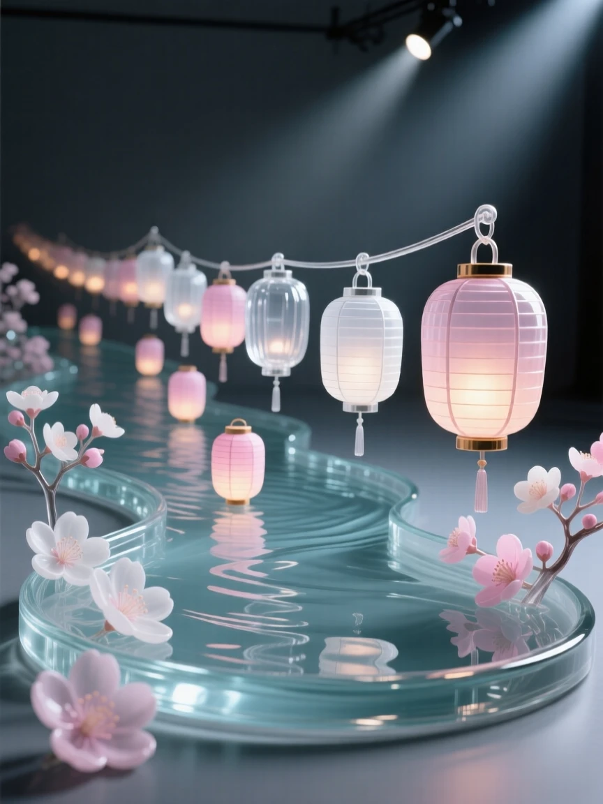 A parade of lanterns floating down a river at night as the first blossoms of spring begin to open