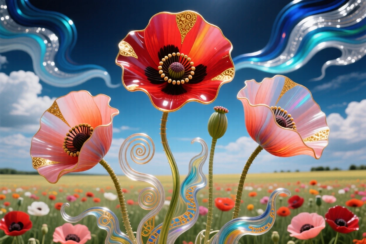 A field of blooming poppies stretching endlessly beneath a dramatic sky, vivid and vast.