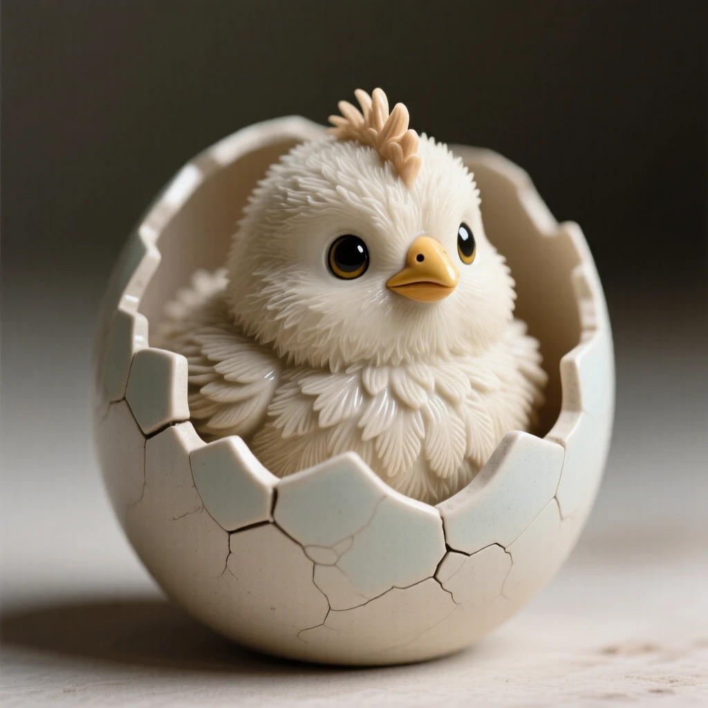 A fluffy baby chick peeking from a cracked egg captured in an irresistibly endearing pose, with a small, endearing tuft of fluff, stirring an overwhelming urge to smile.