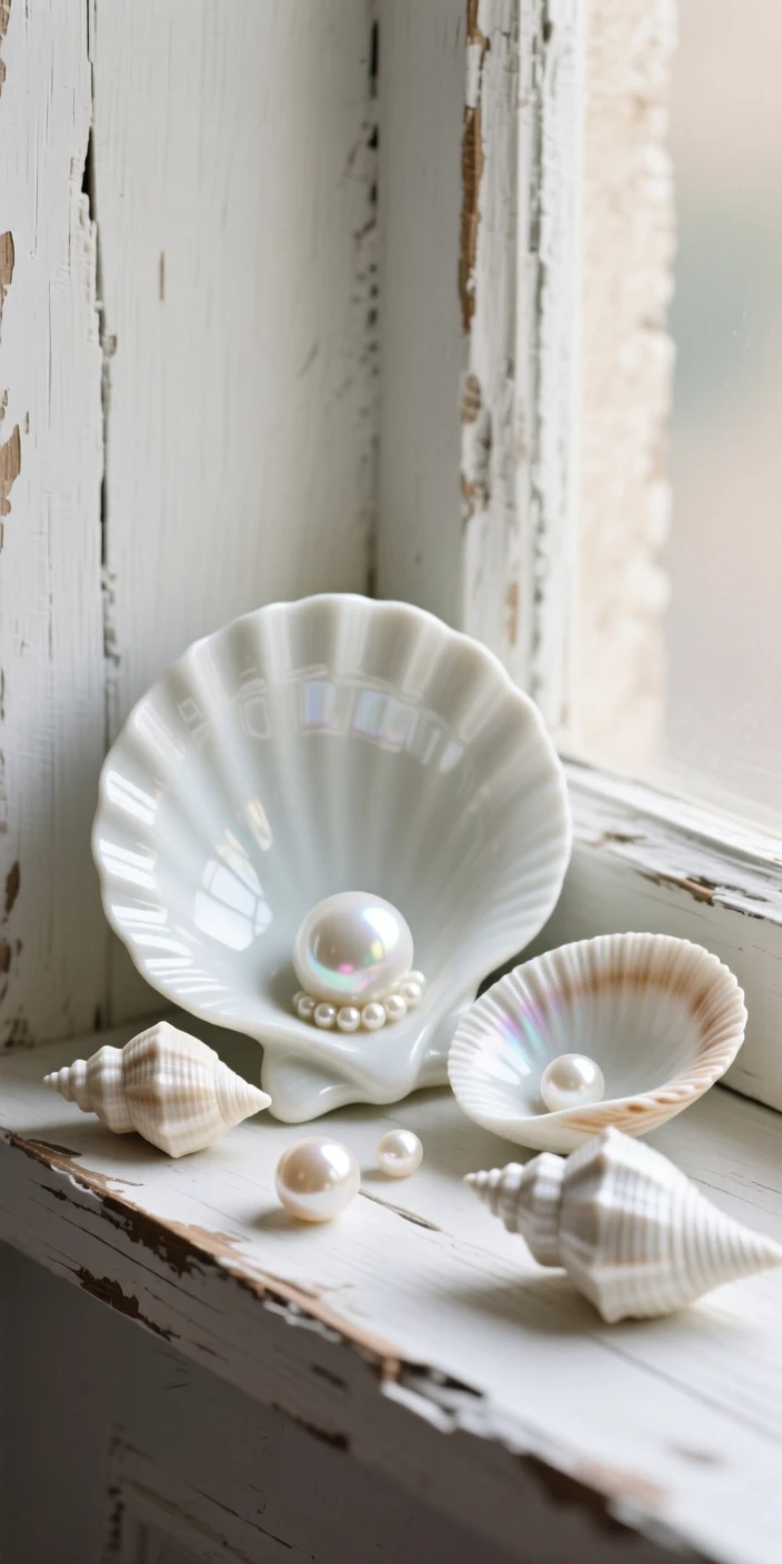 A refined still-life arrangement of seashells and pearls on a rustic windowsill, composed with classical balance and harmony.