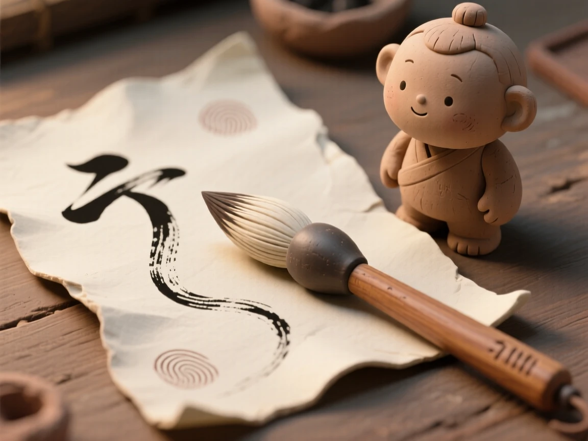 A traditional Chinese calligraphy brush resting beside inked parchment
