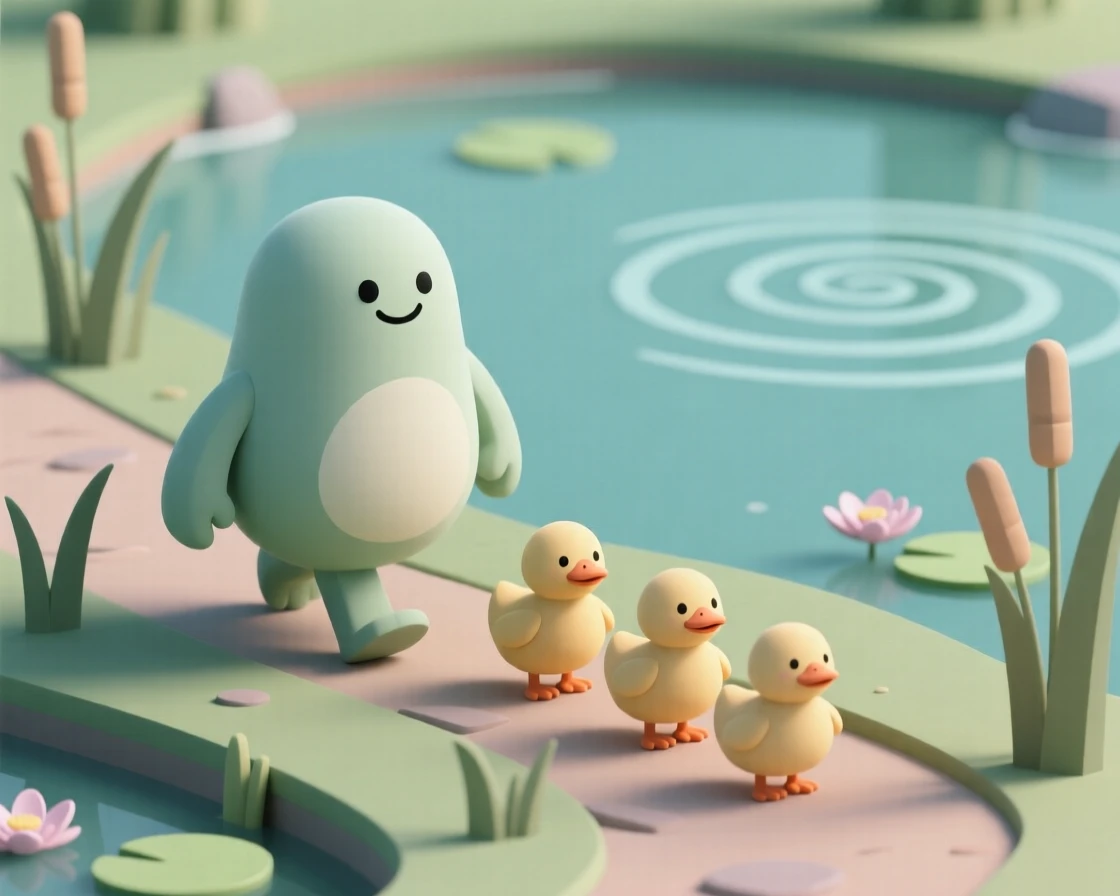 A gentle swamp creature helps a lost duckling family find their way back to the pond.