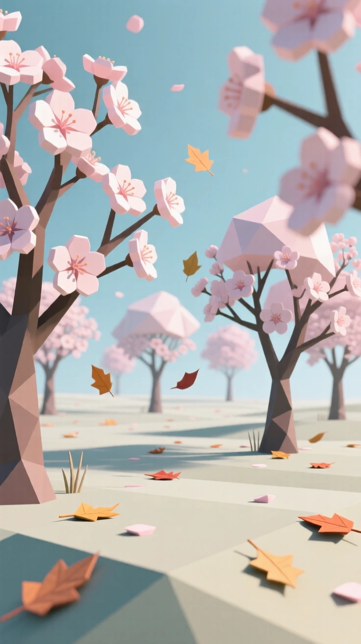 A cherry blossom grove in full bloom, as autumn leaves drift through the air. the composition uses a wide, sweeping perspective. The mood is dreamy and otherworldly.
