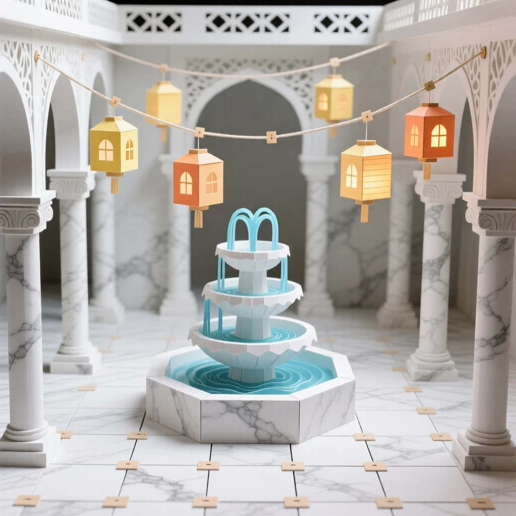 A grand marble palace courtyard illuminated by strings of warm lights, with fine architectural symmetry drawing the eye, evoking quiet historic charm.