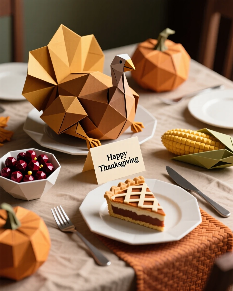 A Thanksgiving dinner table scene with a roasted turkey surrounded by autumn harvest dishes.