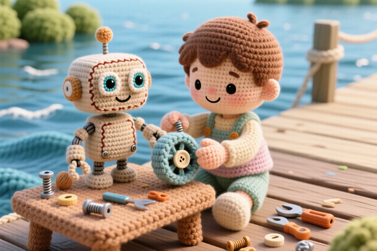 a small boy building a robot from a kit, with tiny screws and careful hands, is captured attaching the final wheel in a peaceful lakeside dock beside a scattering of craft supplies on the table, showing cheerful curiosity and hands-on delight.