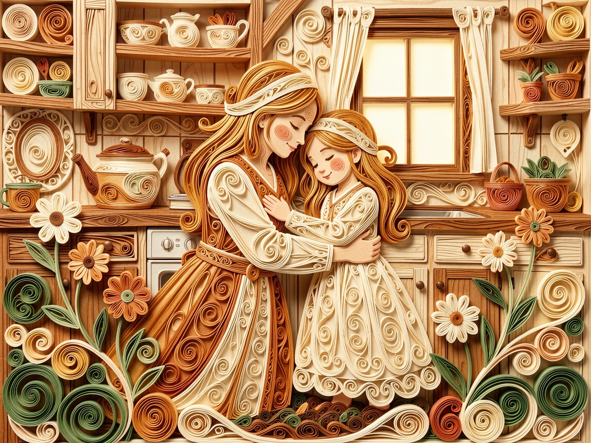A heartwarming moment of a mother and daughter planting flowers in a garden in a rustic farmhouse kitchen, in soft, cozy tones of amber and cream, composed with the subjects gently embracing at the center.