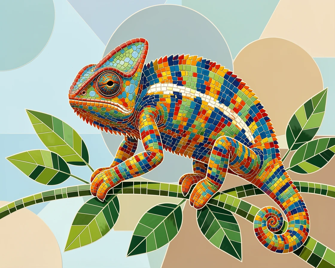 A close-up portrait of a colorful chameleon perched on a leafy green branch, showing rich fur or feather detail and expressive eyes.