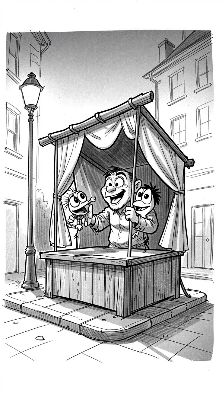 A puppeteer performing behind a small stage on a quiet street corner at dusk.