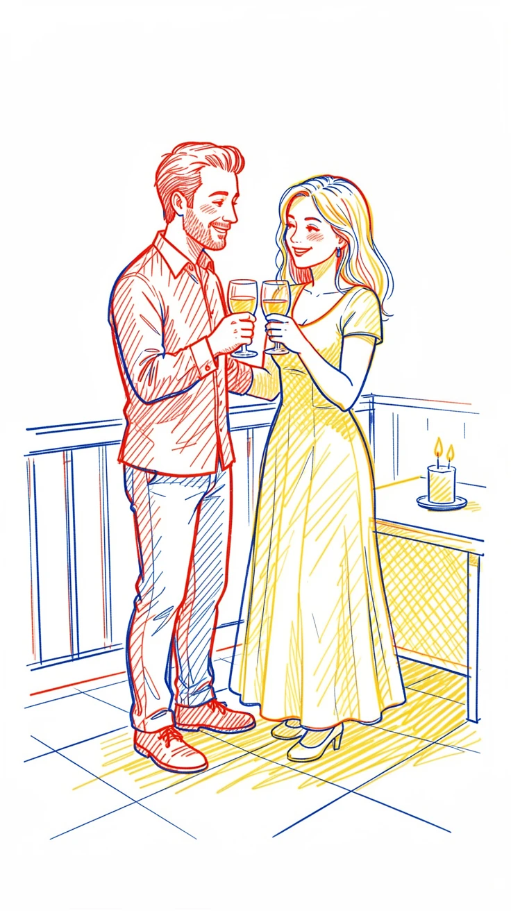 A quiet engagement celebration with a couple toasting on a candlelit patio