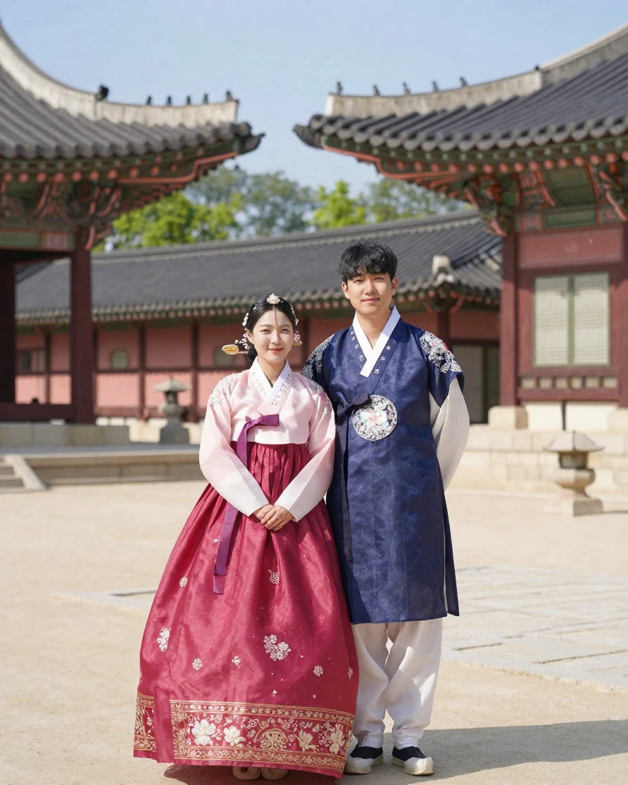 A South Korean hanbok-clad couple posing at a palace