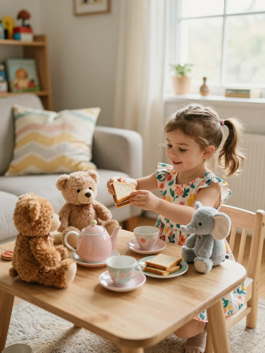 A little girl insists on packing her stuffed animals a 'lunch' for their tea party.