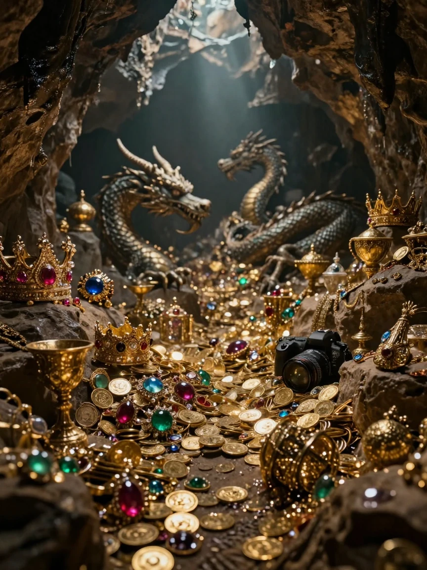 A dragon's hoard of gold and jewels glittering deep within a cave