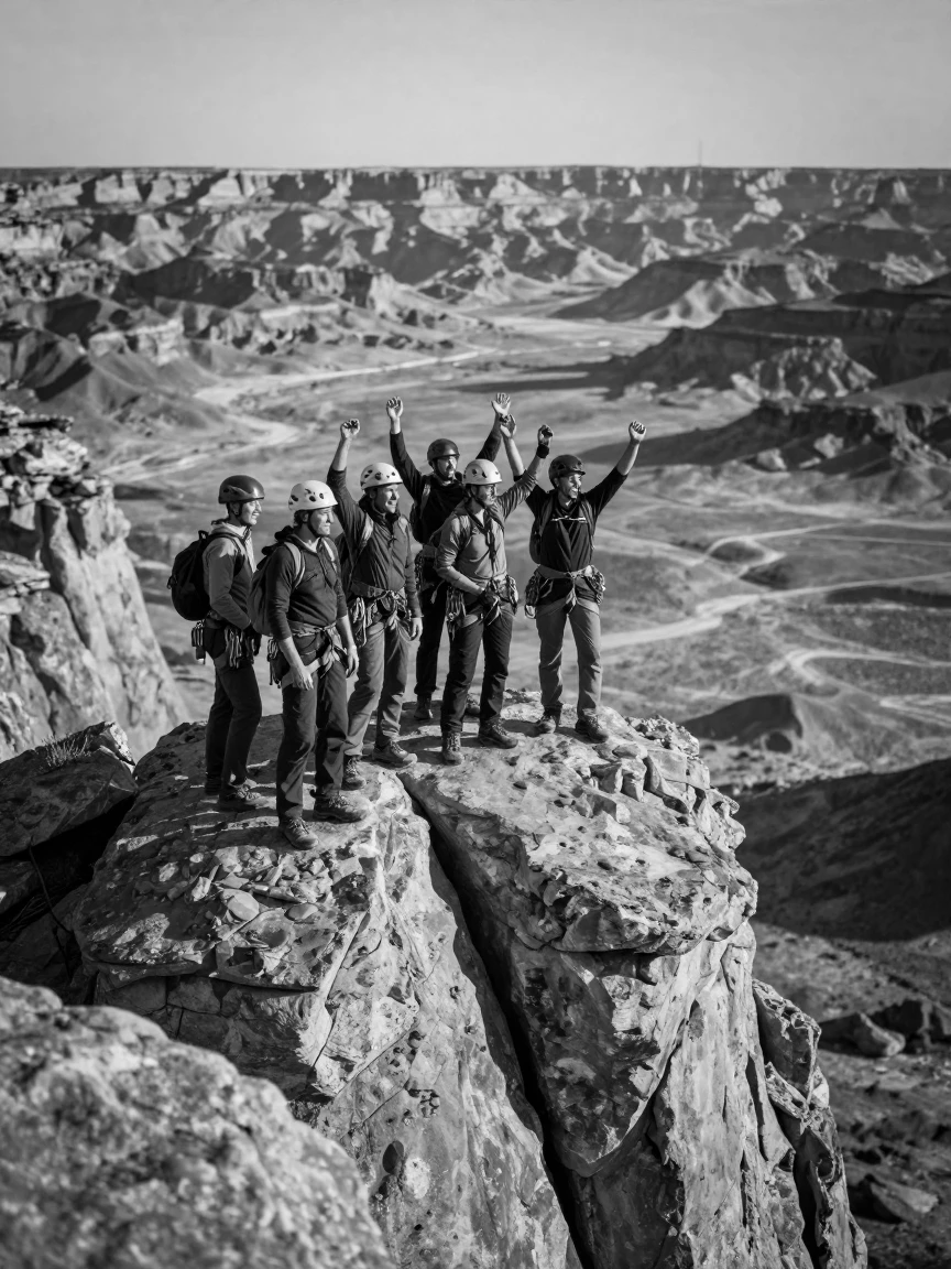 A group of climbers celebrates atop a rock formation above a desert canyon.