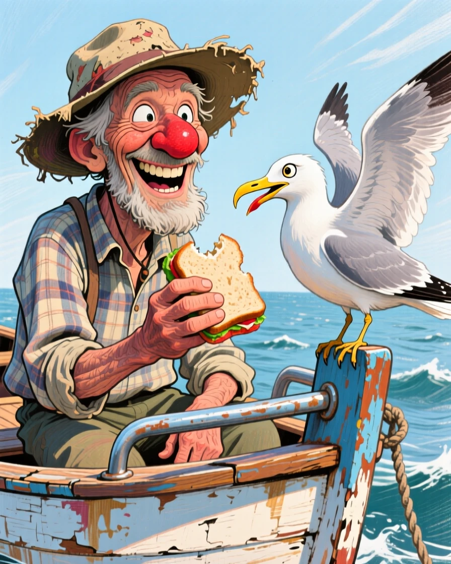 A fisherman sharing his sandwich with a persistent seagull perched on the boat rail.