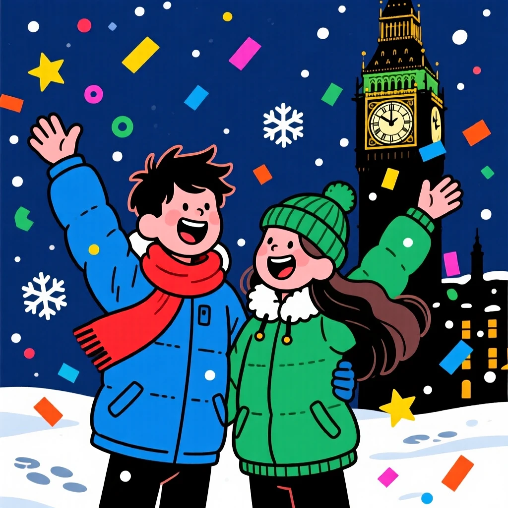 A festive celebration scene of a young couple throwing confetti in the air at midnight, as snow gently falls around them.