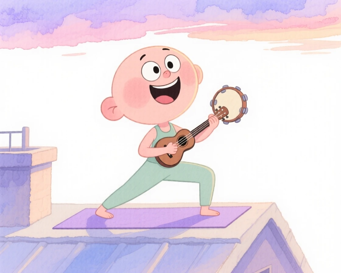 A yoga practitioner playing passionately on a rooftop at dusk
