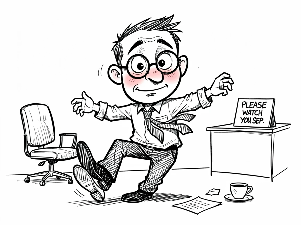 [Funny & Exaggerated Situations] Comical scene of a sheepish office worker tripping over their own feet, exaggerated for maximum laughs