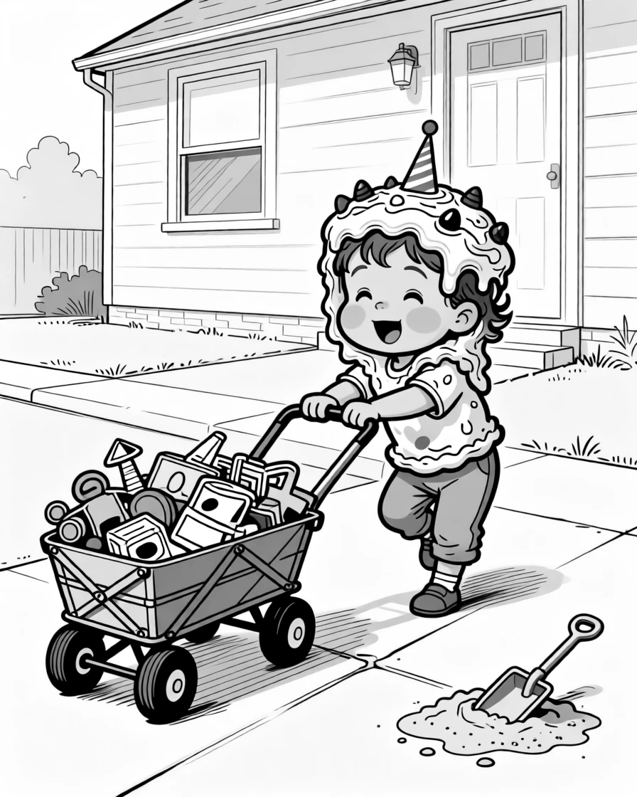 A toddler covered head to toe in birthday cake, straining against the overloaded wagon handle, set on a sidewalk in front of the house. A plastic shovel lies abandoned in the sand. There's an innocent, giggly charm to the whole moment.