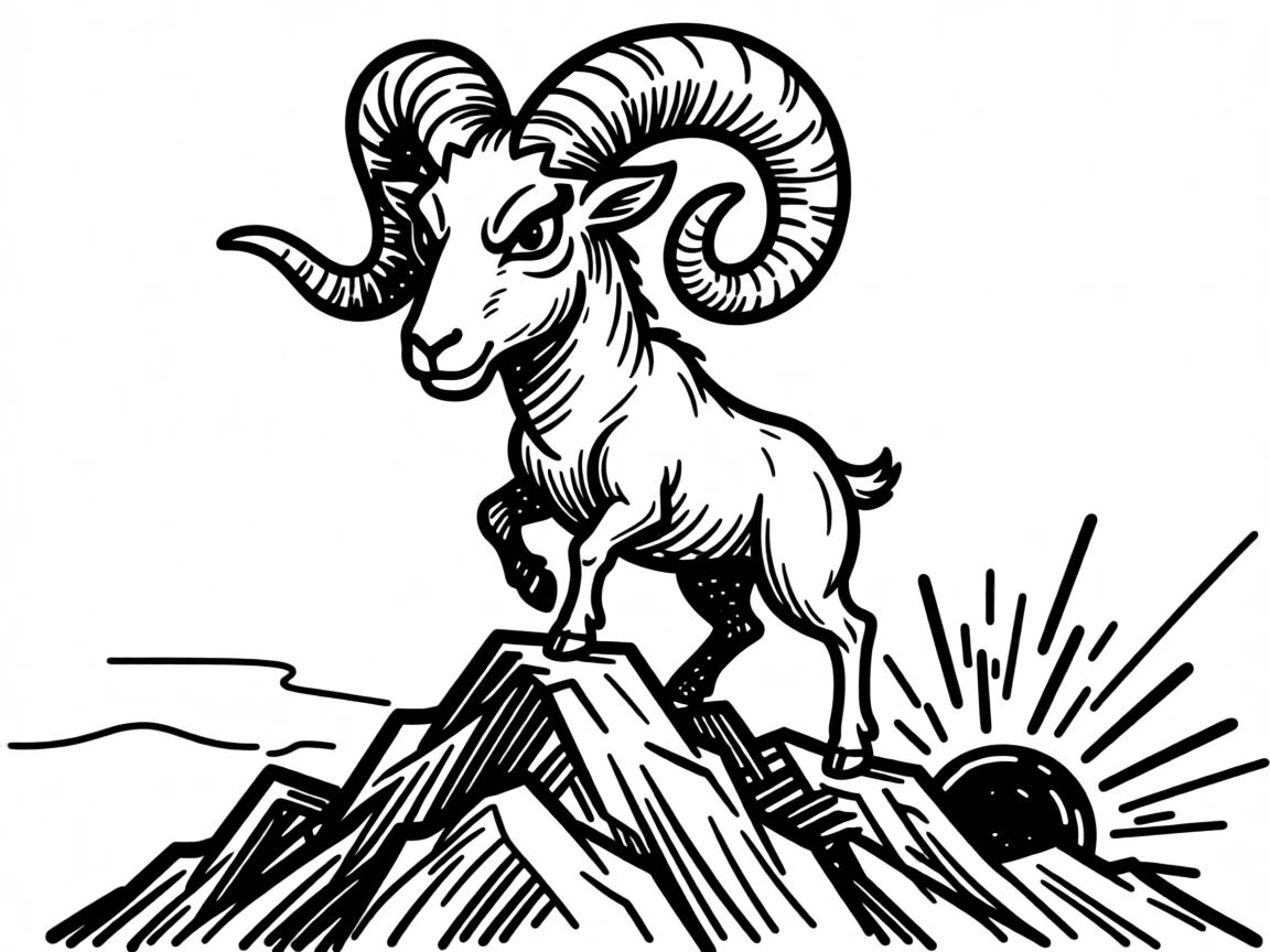 An Aries archetype: a bold ram standing fearlessly atop a rocky mountain peak against a fiery sunrise.