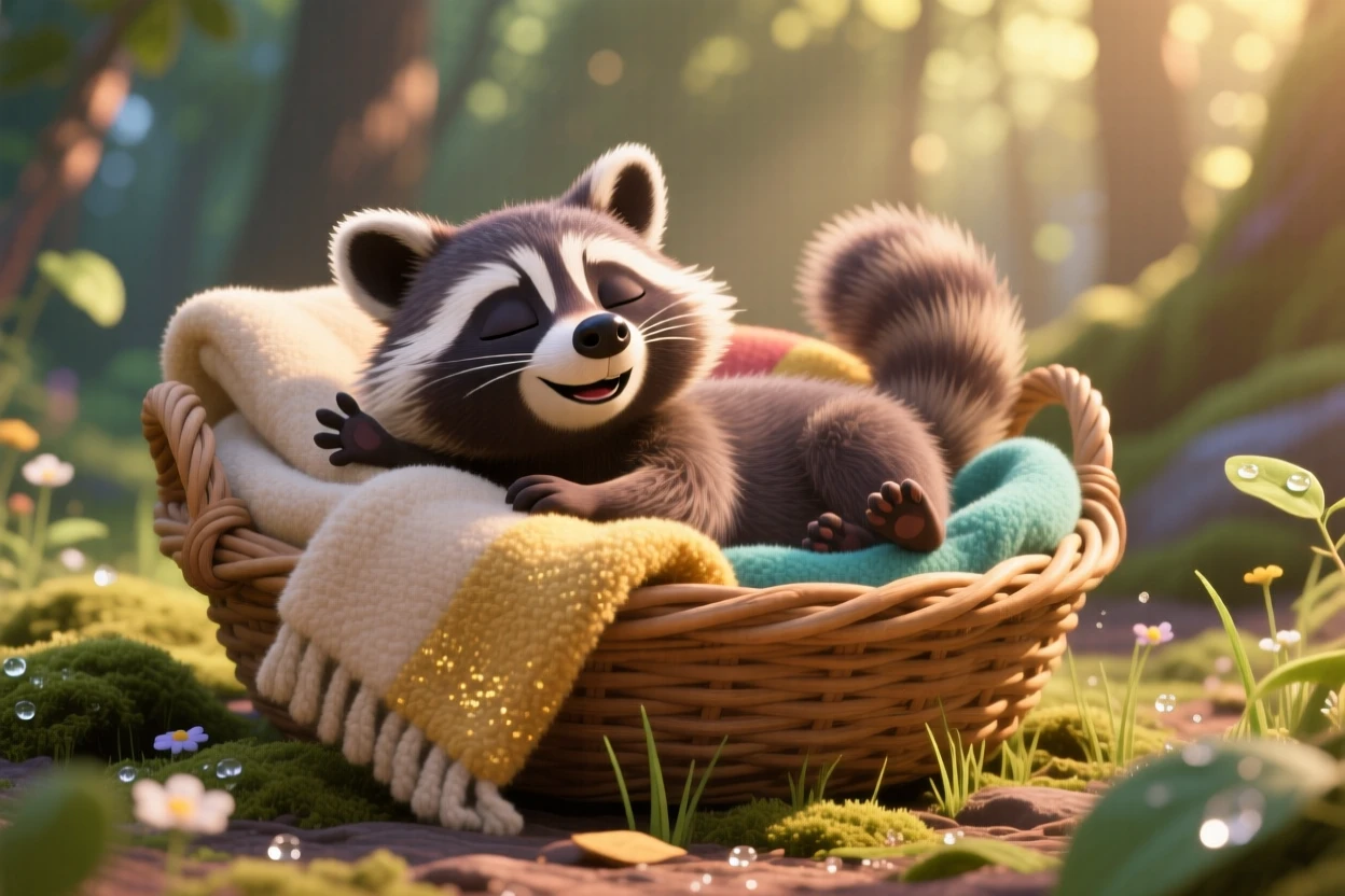 A curious raccoon kit is napping in a wicker basket lined with soft blankets, stretching after a long nap. Playful joy radiates from the small creature, with dew drops glistening nearby.