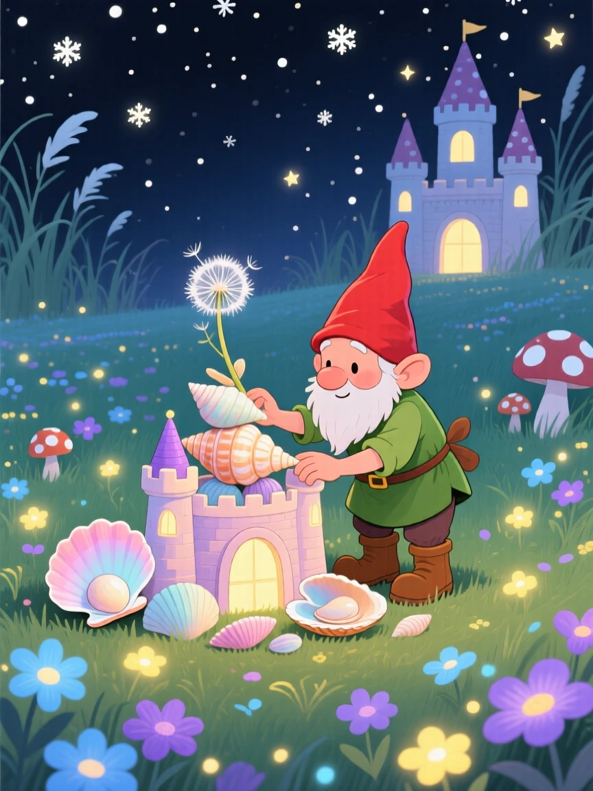 A tiny gnome gardener is building a castle out of seashells in a field of luminous flowers, as tiny stars fall like snow.
