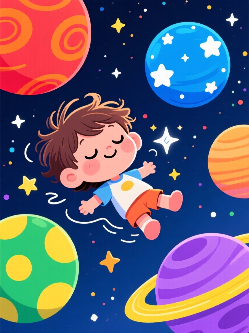 A child dreaming of floating weightlessly among painted planets.