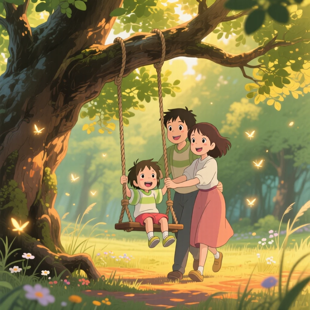 Parents pushing their child on a rope swing beneath an old tree, the scene glowing with togetherness.