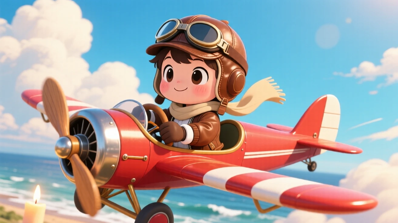 Three-quarter view of a child pilot, steering a biplane through fluffy clouds, in a bright blue sky, on a breezy coastal afternoon, illuminated by gentle candlelight, radiating proud determination.