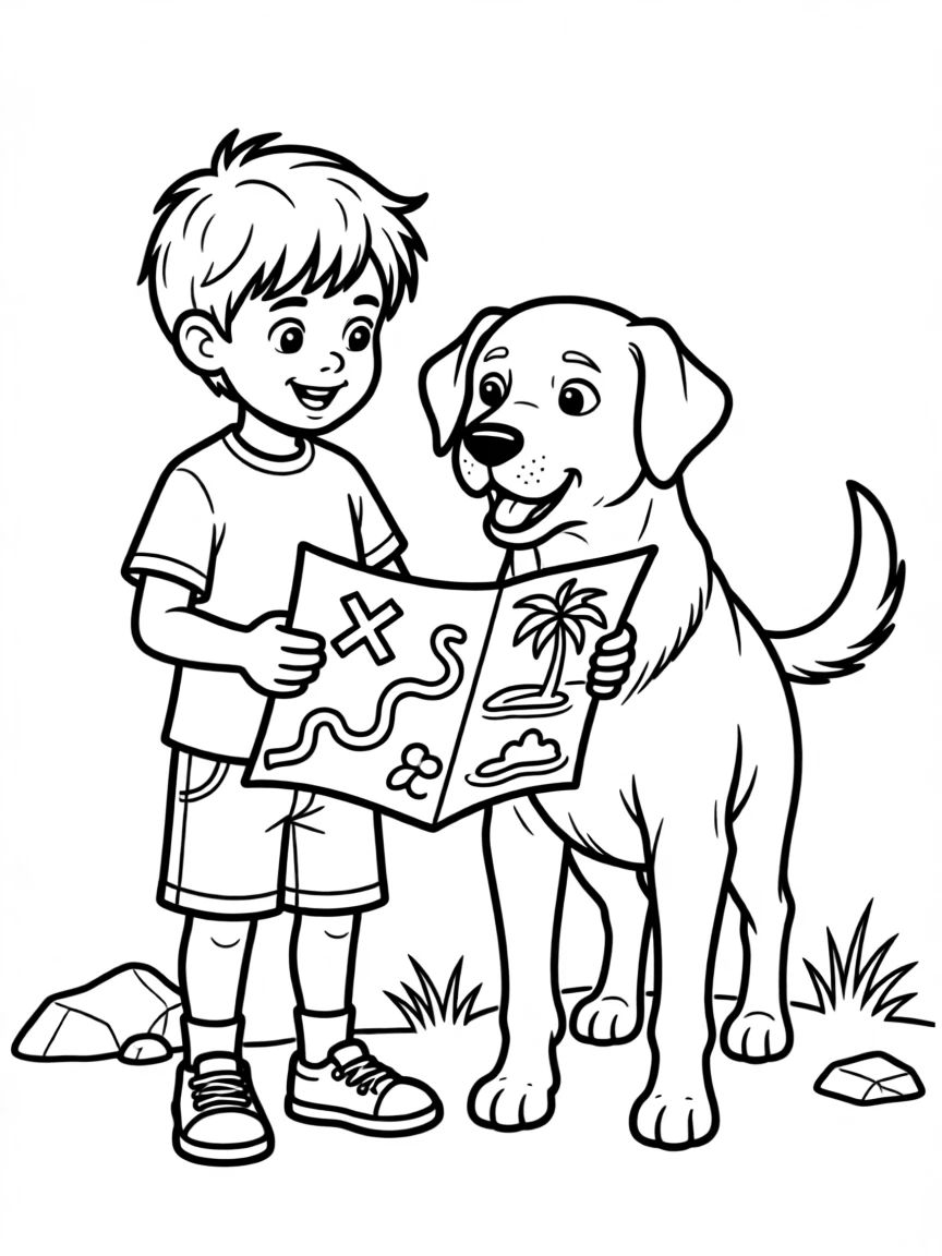 A boy and his loyal dog searching for a hidden treasure map
