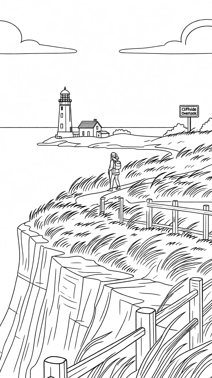 A cliffside overlook with a lighthouse in the distance, with a distant figure hiking along a ridge.