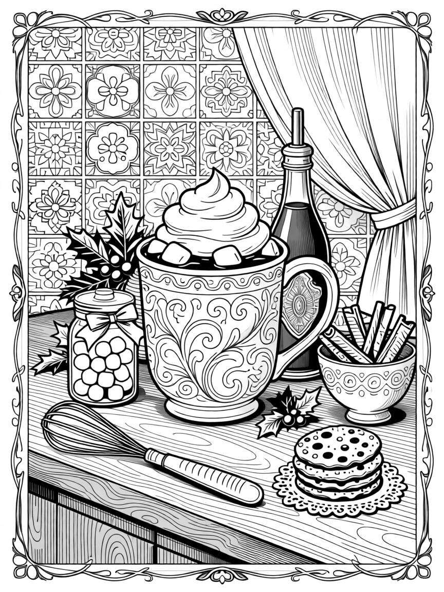 A cozy hot chocolate bar scene with marshmallows and whipped cream.