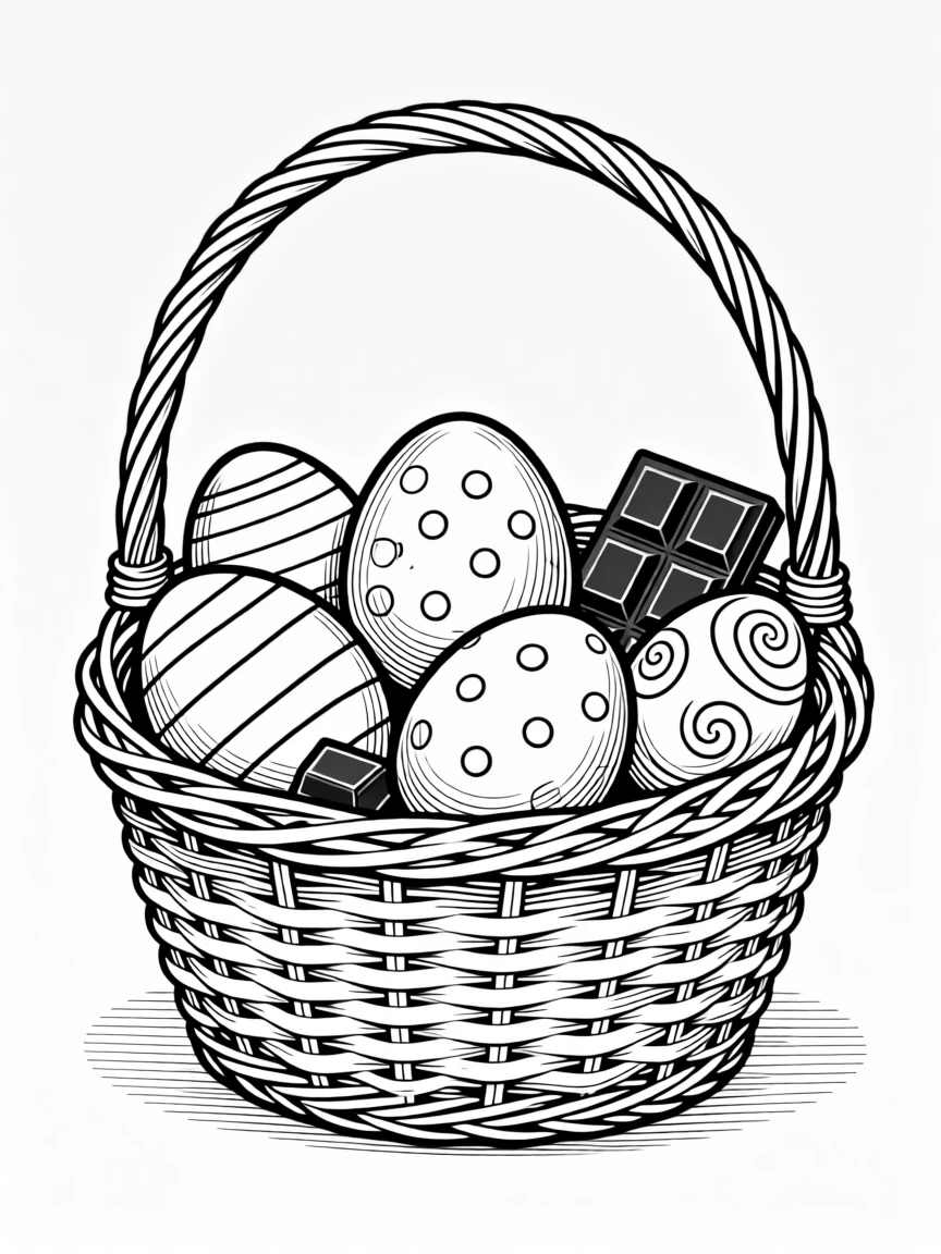 An Easter basket filled with colorful eggs and chocolate
