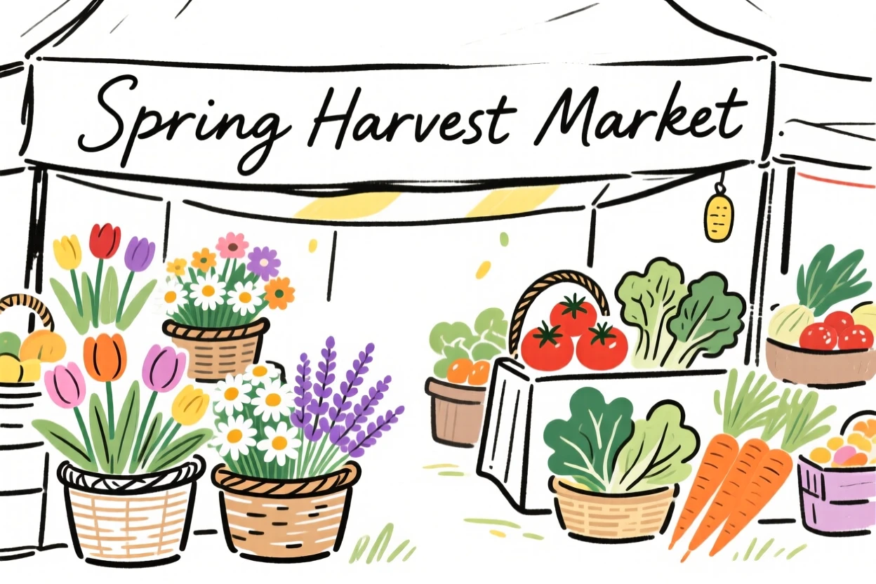 A springtime farmers market with baskets of fresh flowers and produce.