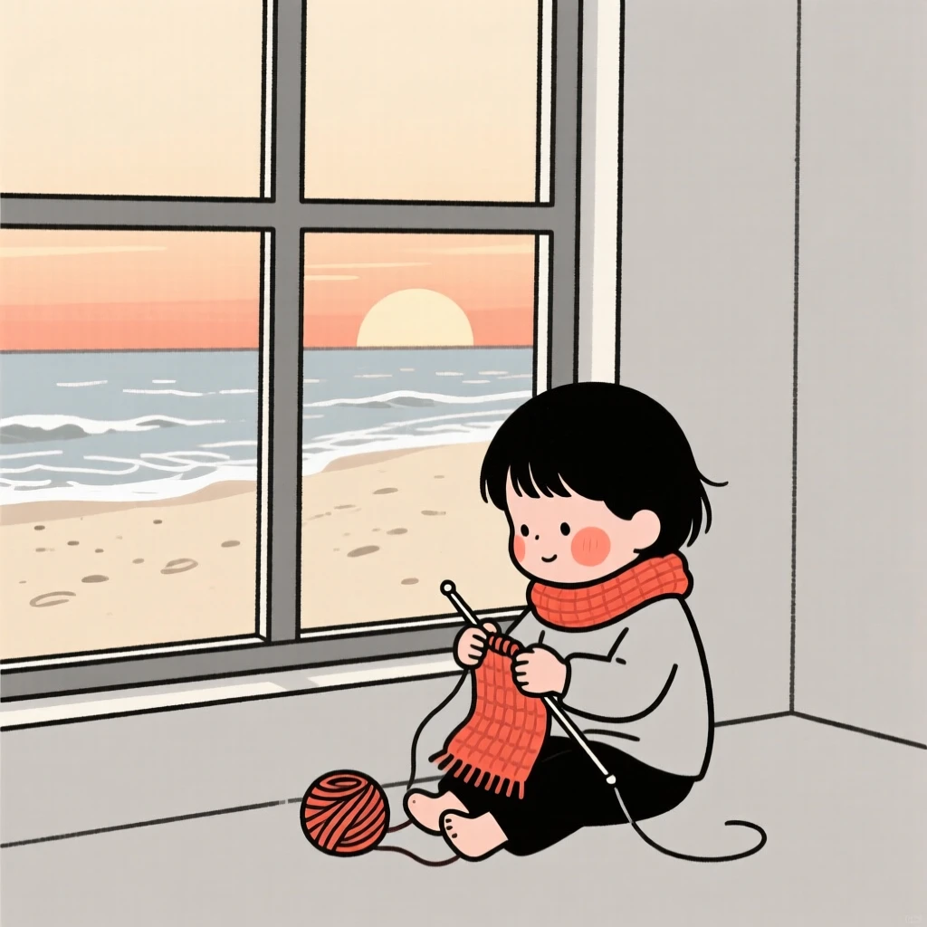 A small child knitting a scarf by a window, on a sandy beach at sunset.