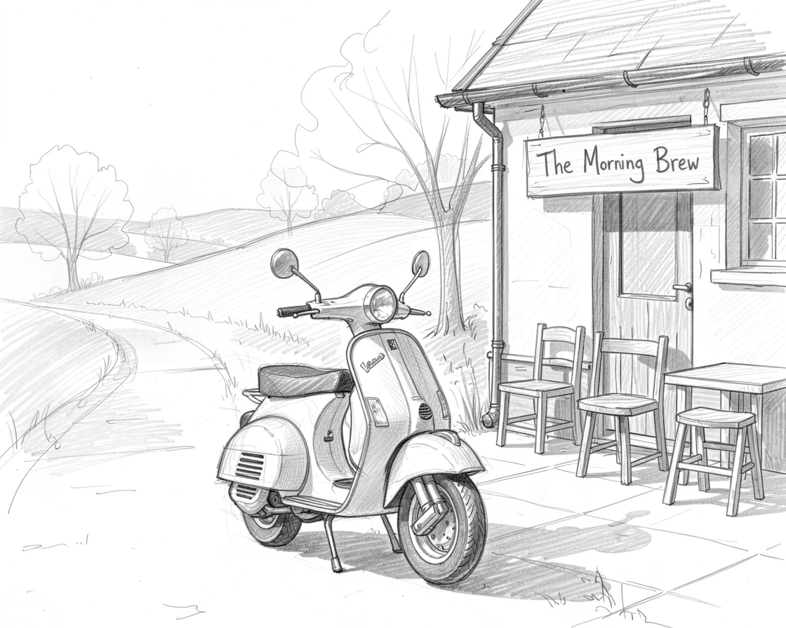 An eye-catching view of a classic Vespa scooter parked outside a cafe on a quiet countryside lane, with soft morning fog rolling through the scene.