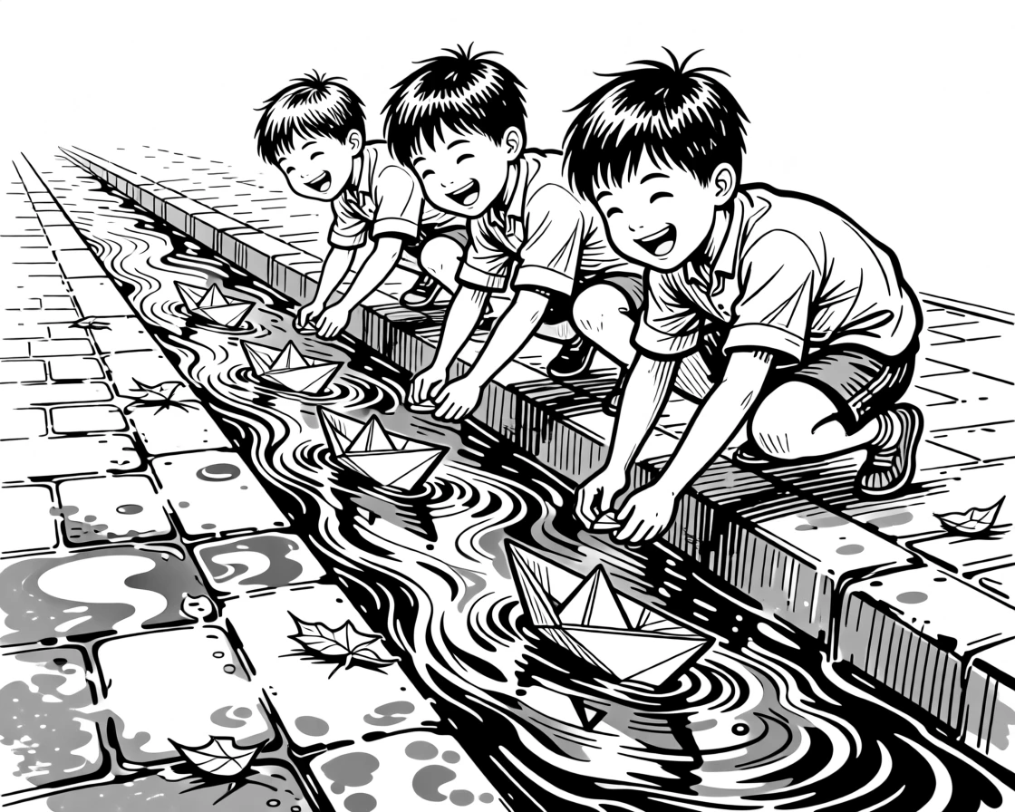 Children racing paper boats down a rain-filled gutter after a storm.