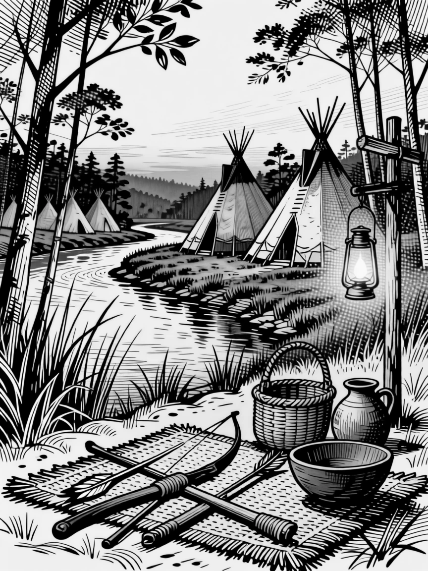 A native american village beside a river at dawn as lanterns begin to glow in the evening light, with traditional tools laid out with care, portrayed in a vibrant with cultural pride historical scene.