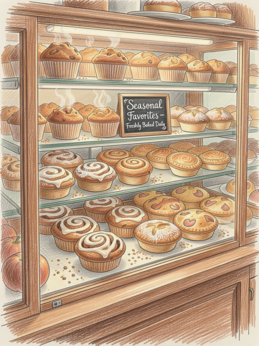 A cozy bakery display case filled with seasonal pastries, captured in a quiet, intimate moment full of atmosphere, capturing a quiet story that lingers with the viewer.