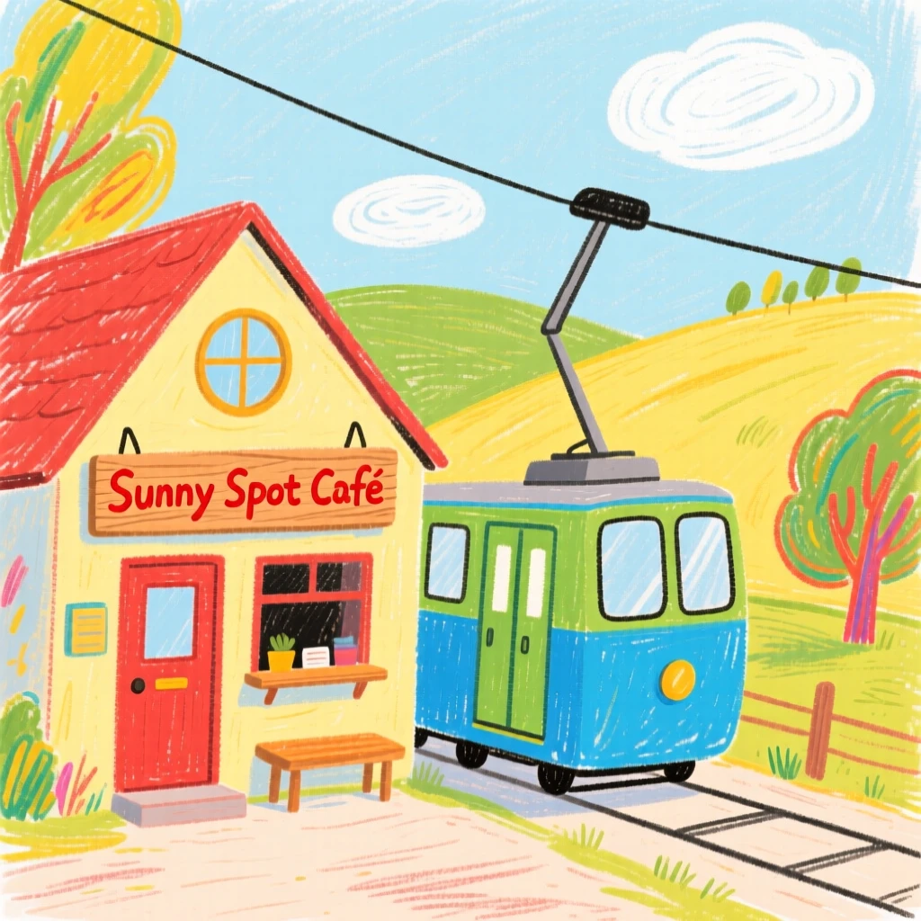 A cable car parked outside a cozy countryside cafe.