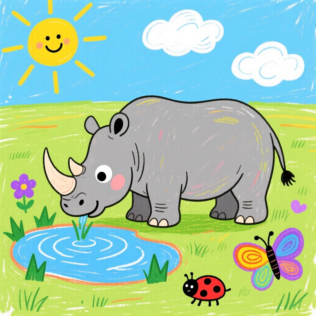 A rhinoceros grazing near a watering hole on a wide open grassy plain.