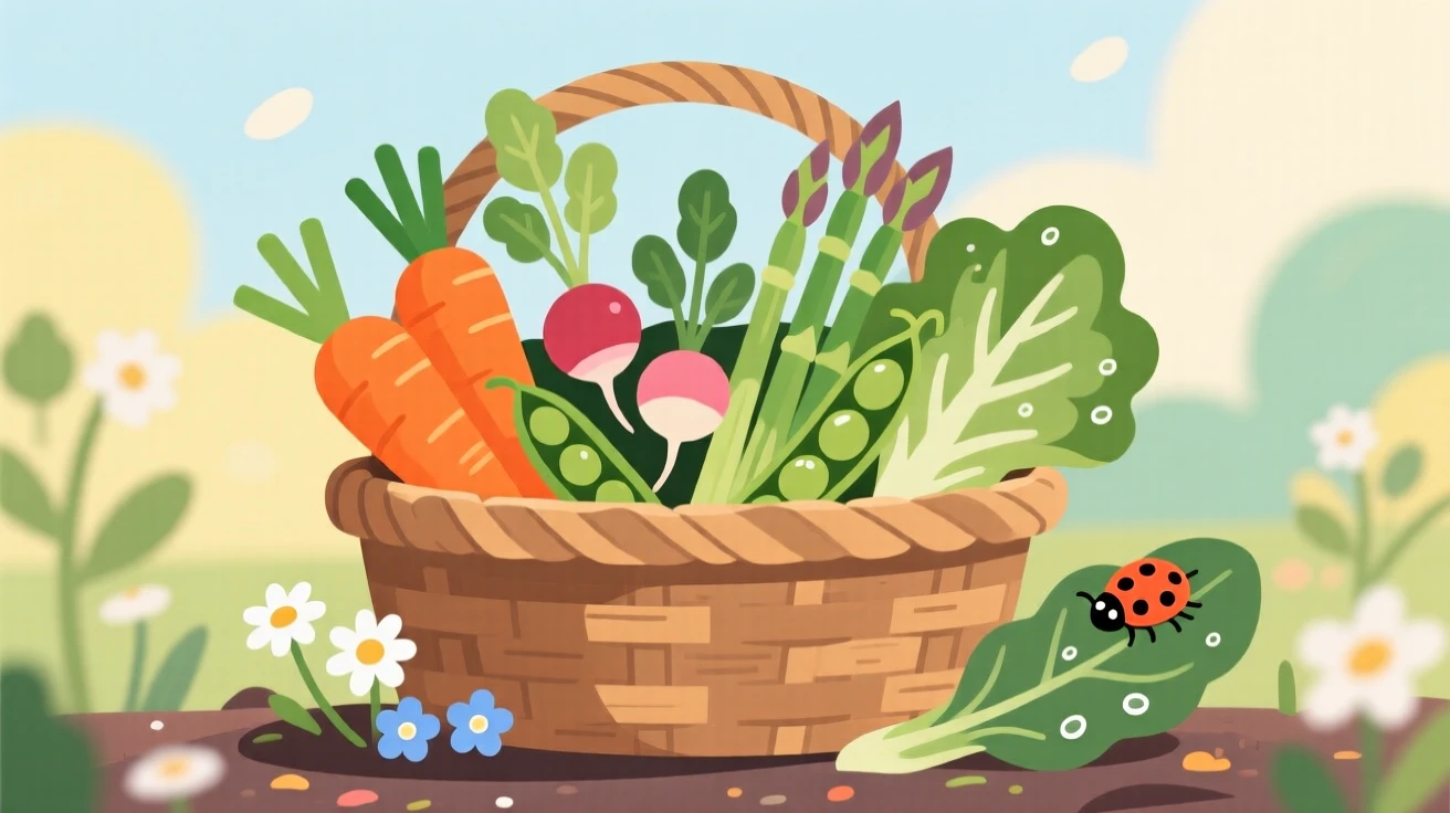 A basket of fresh spring vegetables from a community garden, surrounded by warm or cool seasonal tones, composed with a calm, seasonal simplicity, with charming small details that evoke the season perfectly.