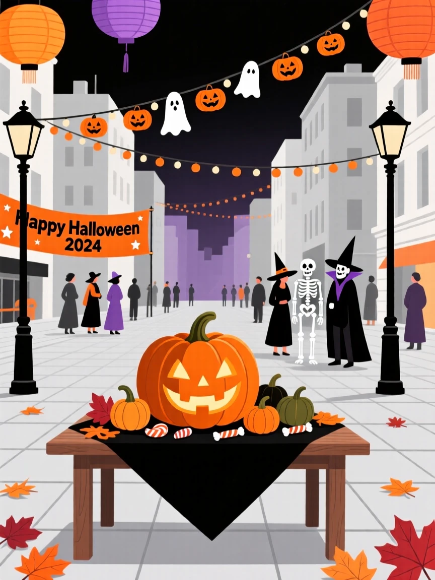 A Halloween celebration with colorful decorations filling a city plaza.